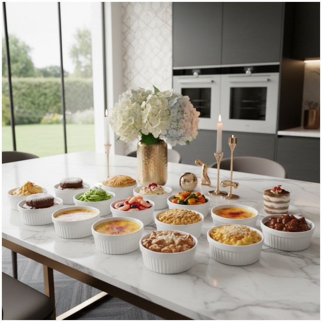 White Porcelain Ramekins Set of 12–Classic Ribbed Dessert and Baking Bowls