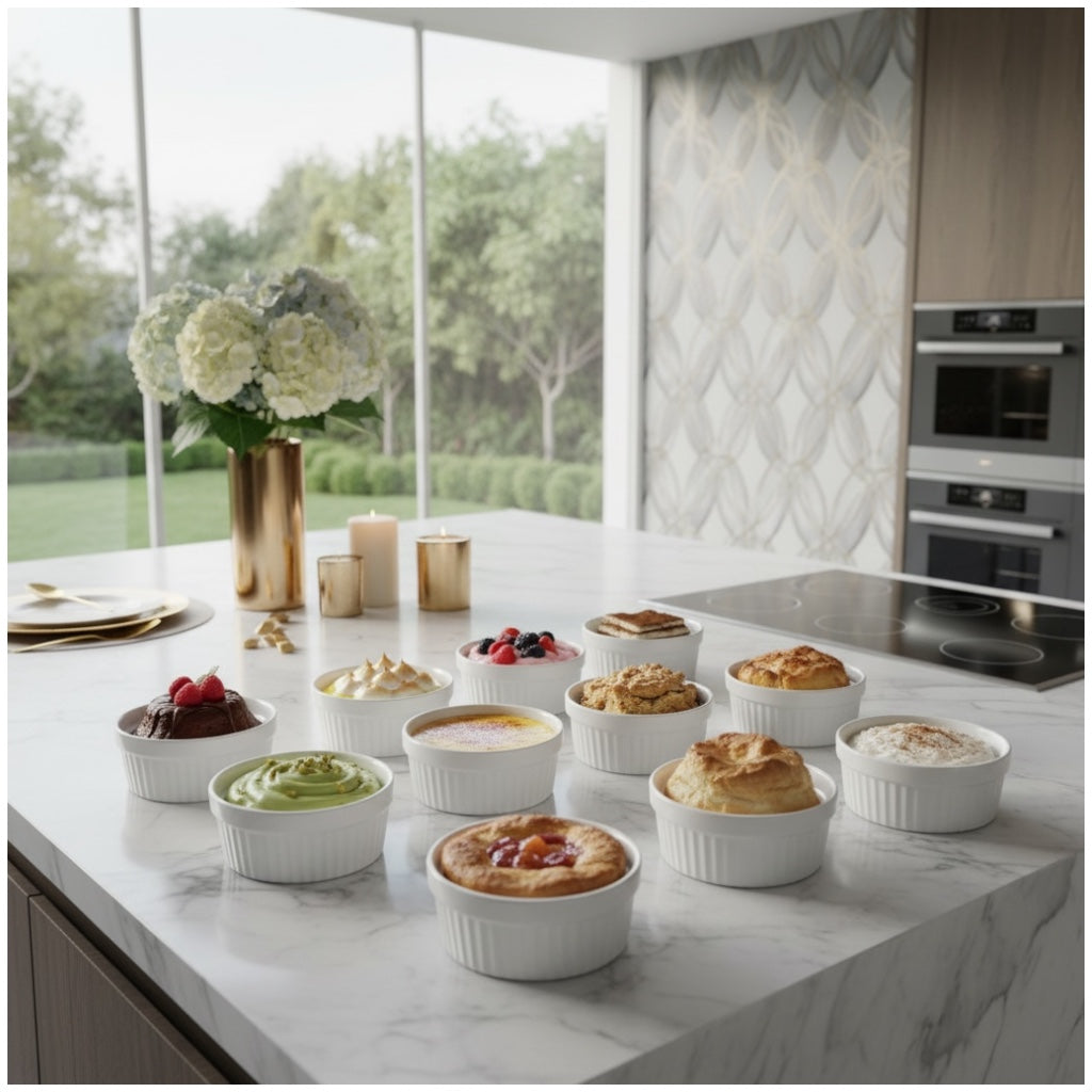 White Porcelain Ramekins Set of 12–Classic Ribbed Dessert and Baking Bowls
