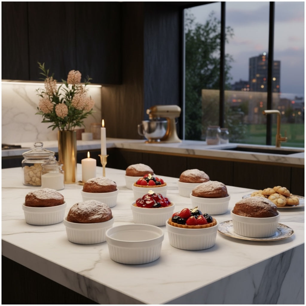 White Porcelain Ramekins Set of 12–Classic Ribbed Dessert and Baking Bowls