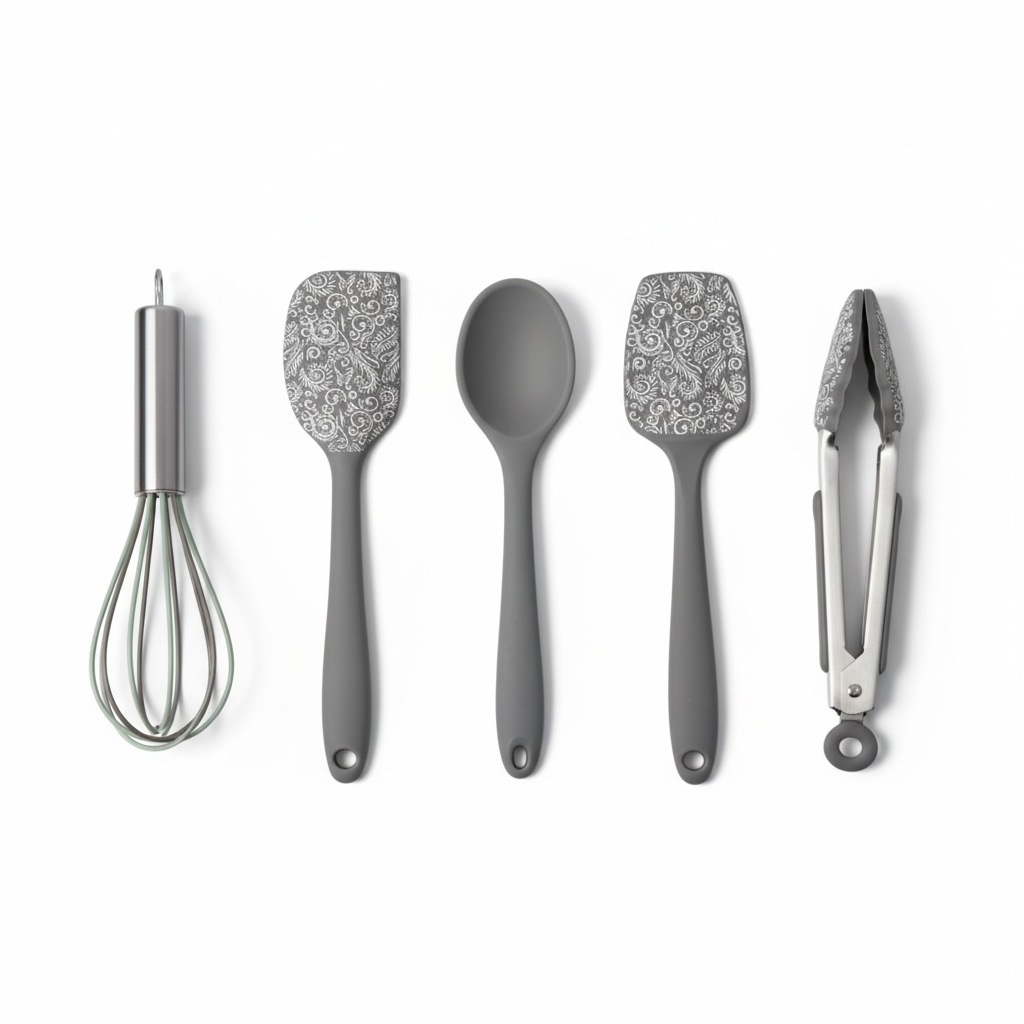 Grey and White Silicone Utensil Set –Stainless Steel and Silicone (5 Piece)