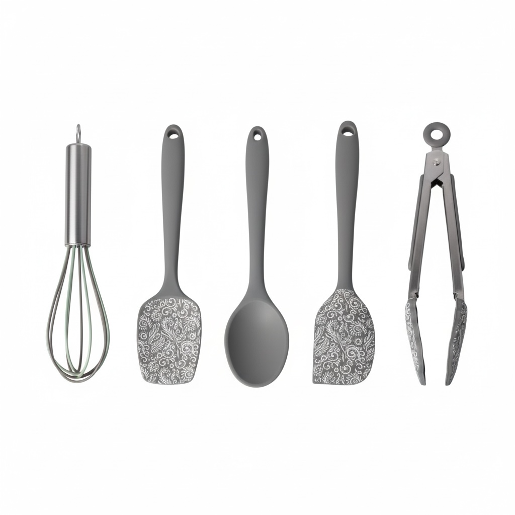 Grey and White Silicone Utensil Set –Stainless Steel and Silicone (5 Piece)