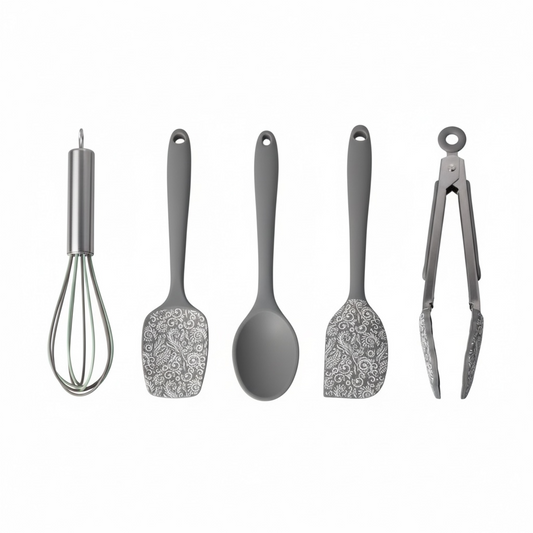 Grey and White Silicone Utensil Set –Stainless Steel and Silicone (5 Piece)