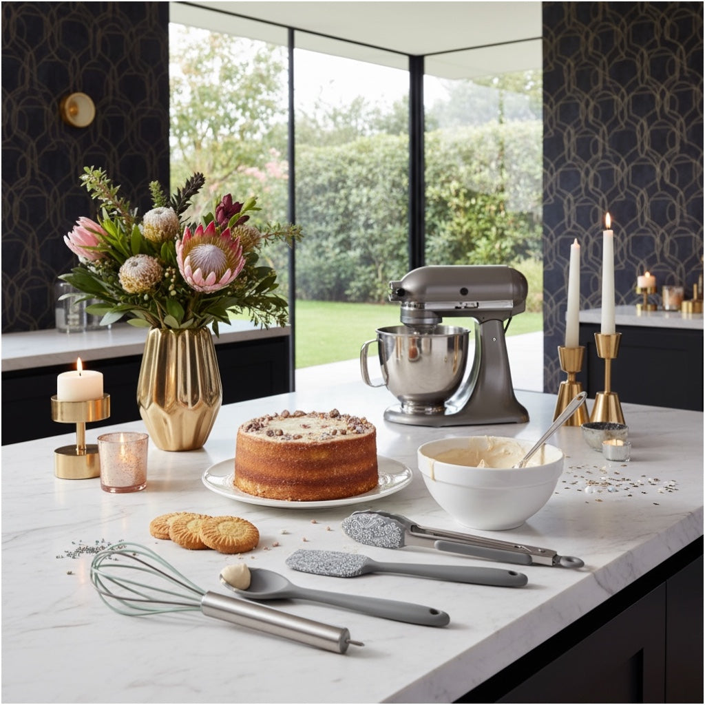 Grey and White Silicone Utensil Set –Stainless Steel and Silicone (5 Piece)