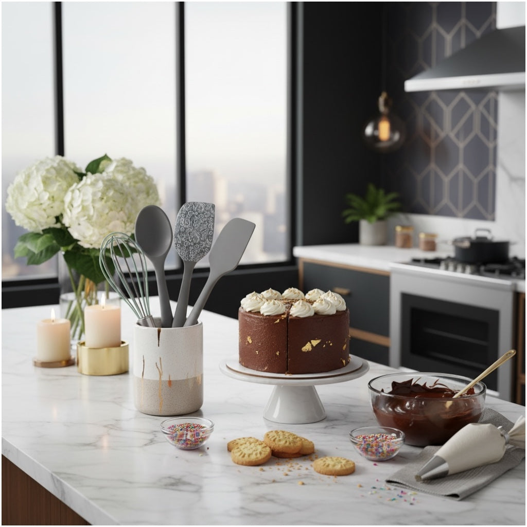 Grey and White Silicone Utensil Set –Stainless Steel and Silicone (5 Piece)