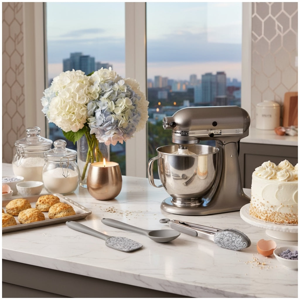 Grey and White Silicone Utensil Set –Stainless Steel and Silicone (5 Piece)