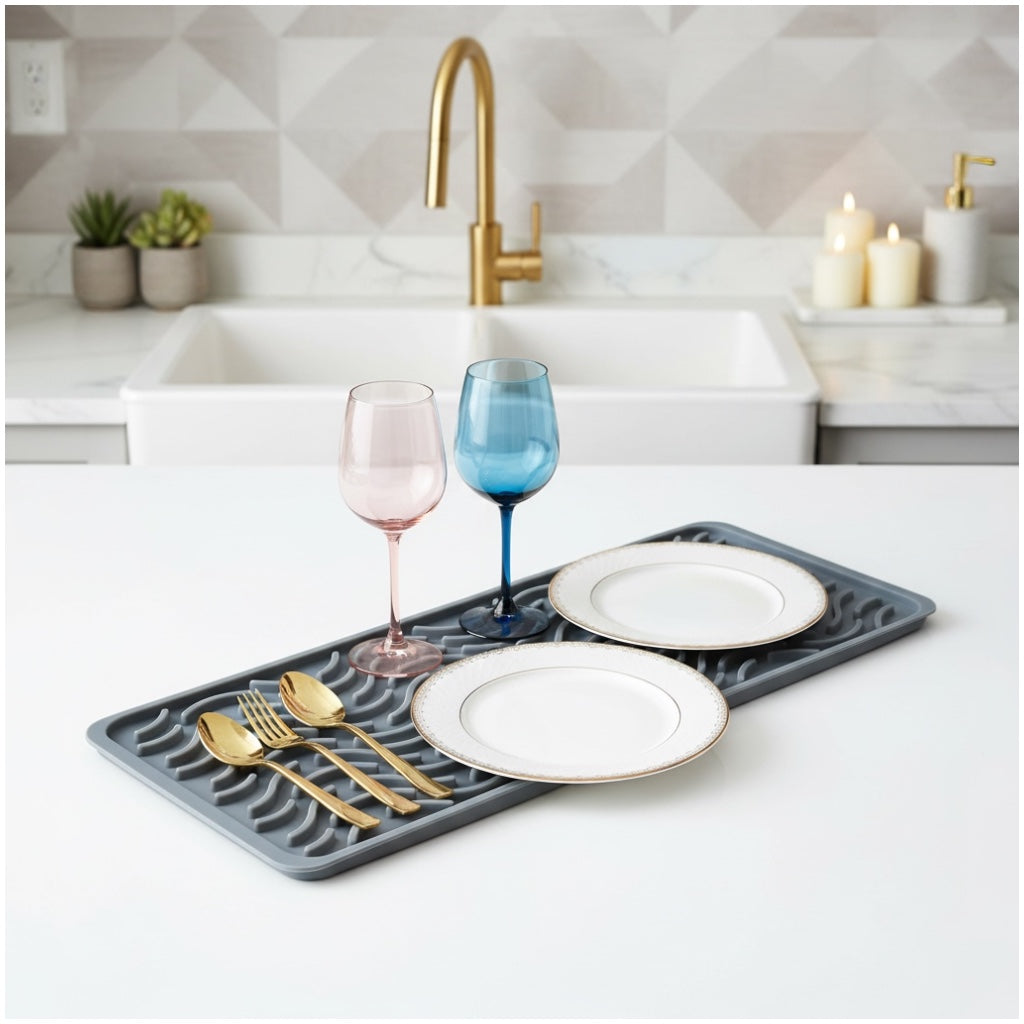 Premium Silicone Drying Mat – Non-Slip Kitchen Grey Dish Mat - 42 x 15 cm