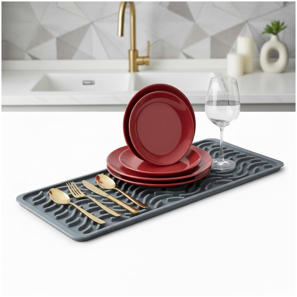 Premium Silicone Drying Mat – Non-Slip Kitchen Grey Dish Mat - 42 x 15 cm