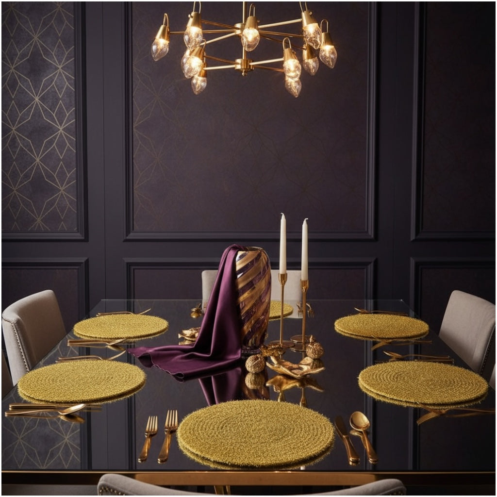 Luxury Gold Tinsel Round Placemats Set of 6 – Elegant Table Decor