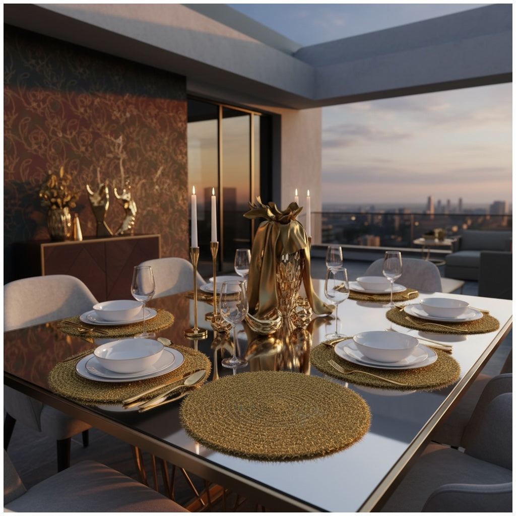 Luxury Gold Tinsel Round Placemats Set of 6 – Elegant Table Decor