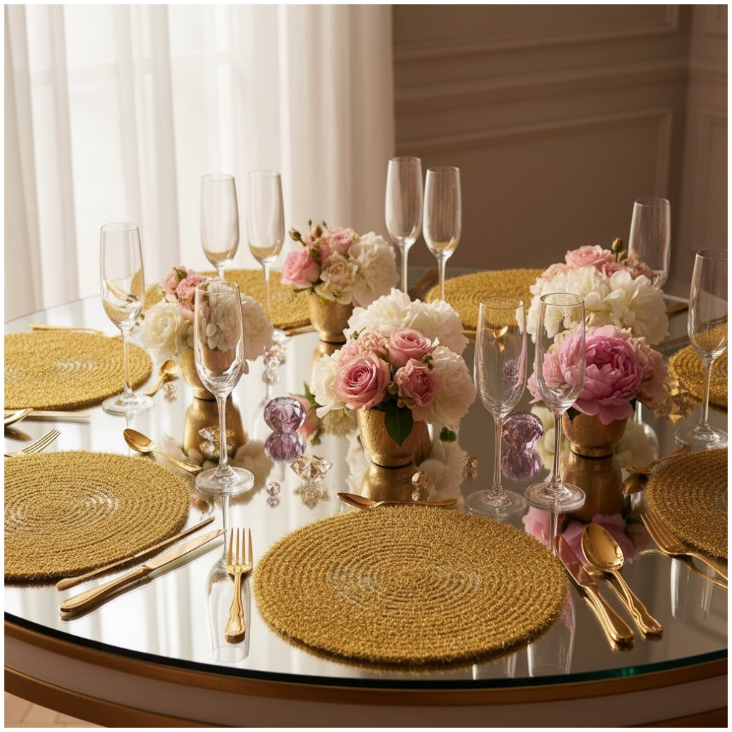 Luxury Gold Tinsel Round Placemats Set of 6 – Elegant Table Decor