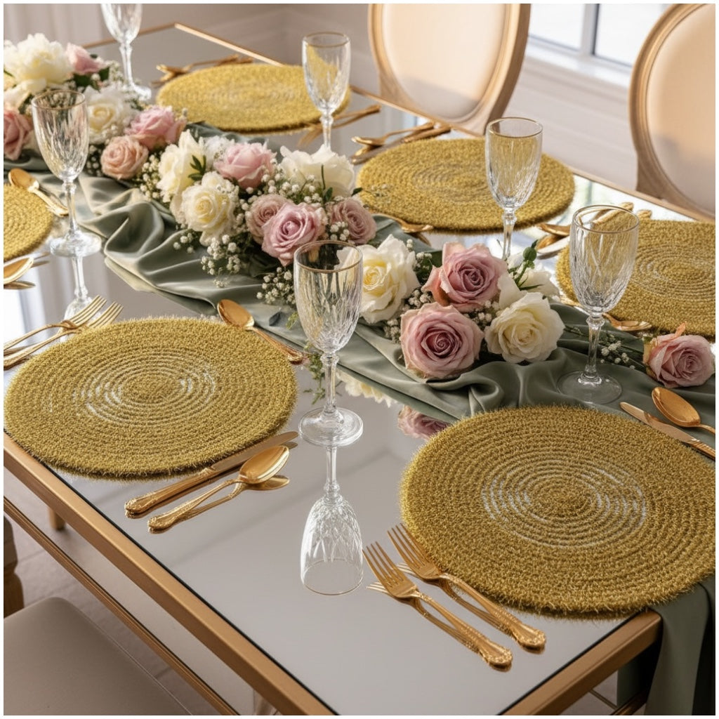 Luxury Gold Tinsel Round Placemats Set of 6 – Elegant Table Decor