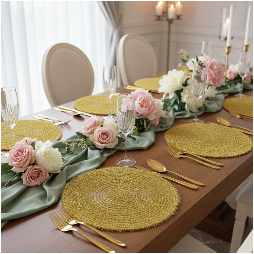 Luxury Gold Tinsel Round Placemats Set of 6 – Elegant Table Decor