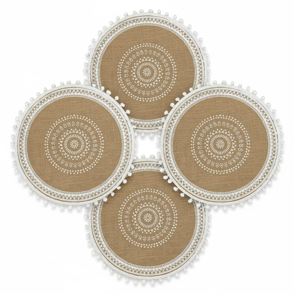 Luxury Boho Woven Round Placemat with Pom Edge – Khaki and White- Set of 4