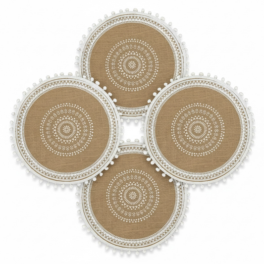 Luxury Boho Woven Round Placemat with Pom Edge – Khaki and White- Set of 4