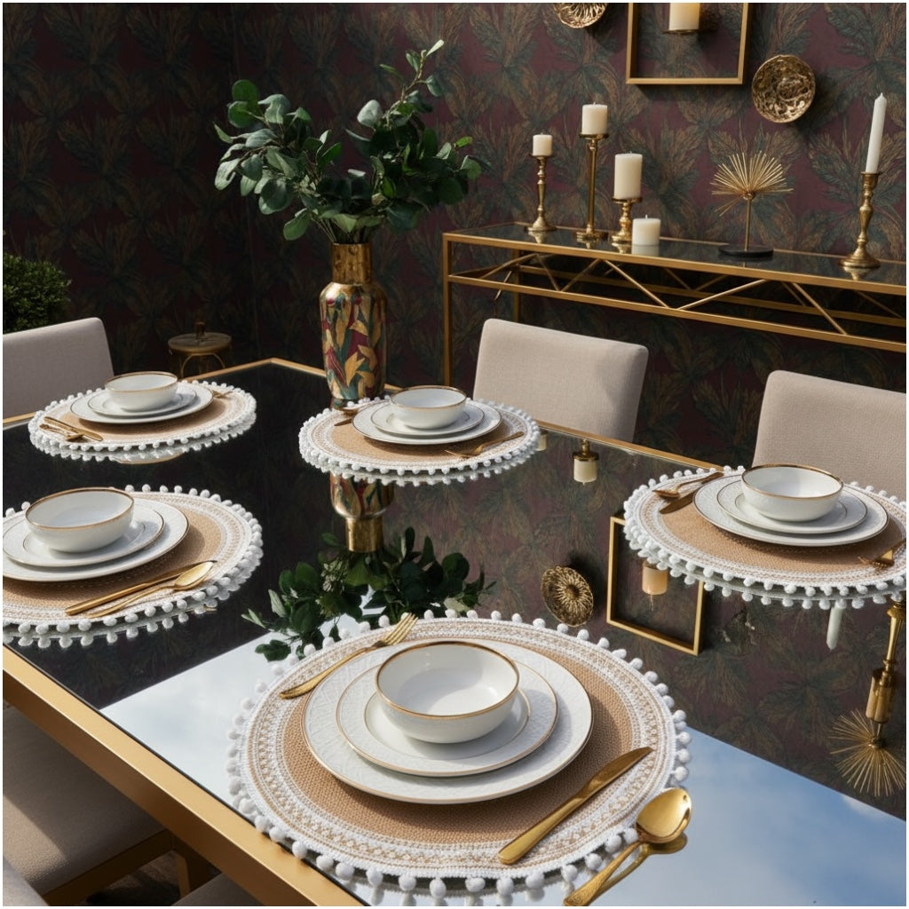 Luxury Boho Woven Round Placemat with Pom Edge – Khaki and White- Set of 4