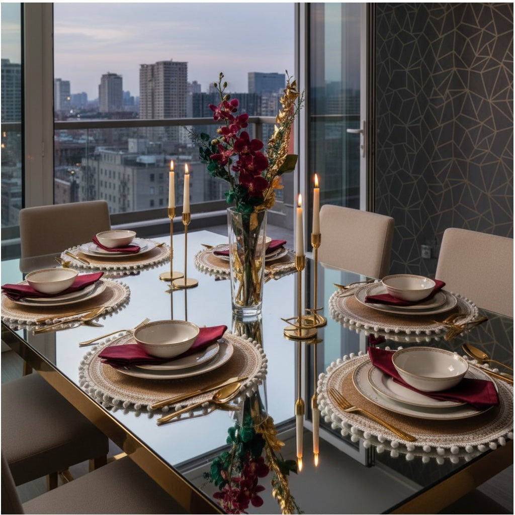 Luxury Boho Woven Round Placemat with Pom Edge – Khaki and White- Set of 4