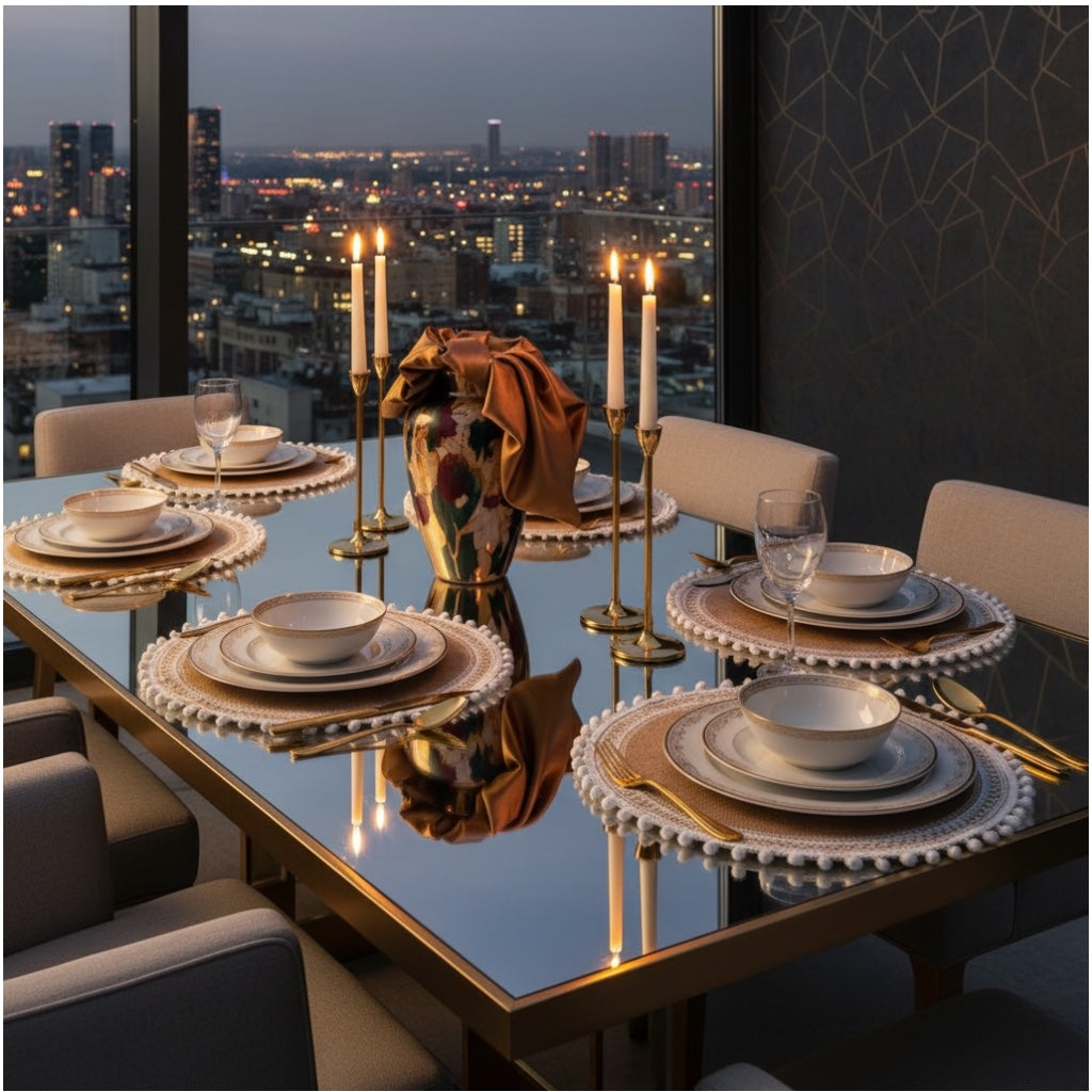 Luxury Boho Woven Round Placemat with Pom Edge – Khaki and White- Set of 4