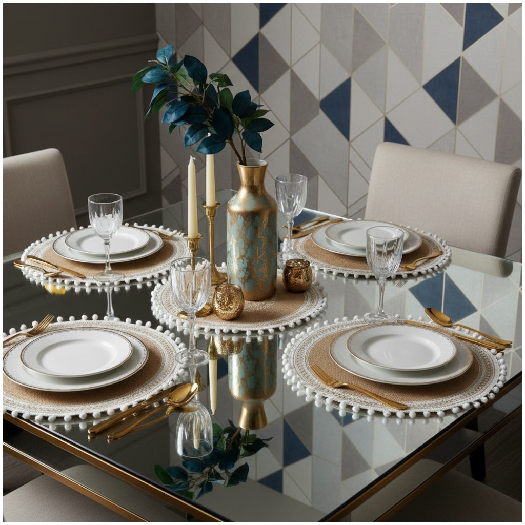 Luxury Boho Woven Round Placemat with Pom Edge – Khaki and White- Set of 4