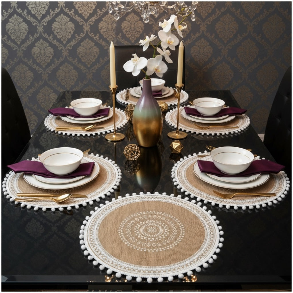 Luxury Boho Woven Round Placemat with Pom Edge – Khaki and White- Set of 4