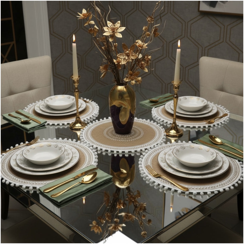 Luxury Boho Woven Round Placemat with Pom Edge – Khaki and White- Set of 4