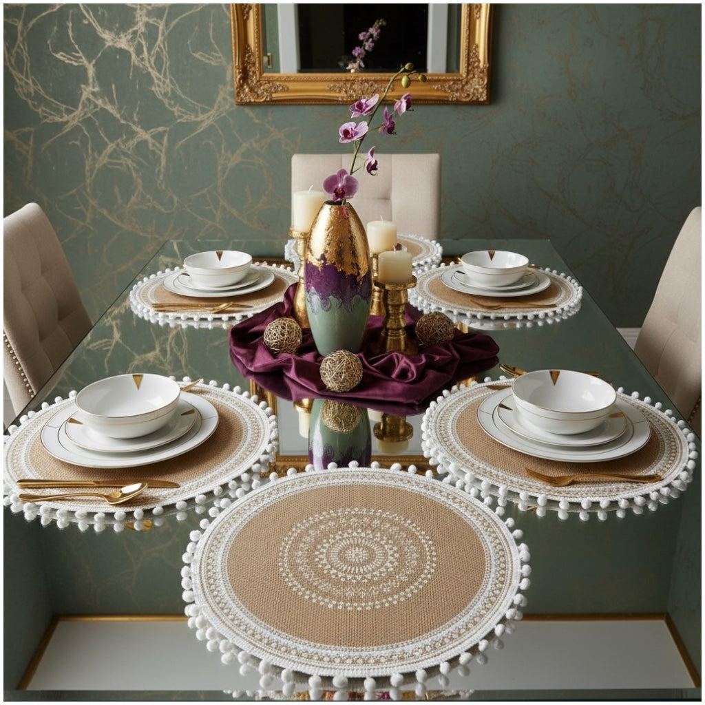 Luxury Boho Woven Round Placemat with Pom Edge – Khaki and White- Set of 4