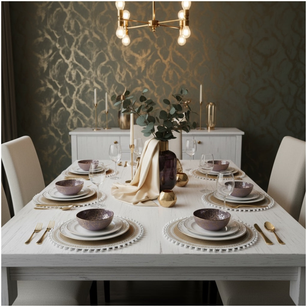 Luxury Boho Woven Round Placemat with Pom Edge – Khaki and White- Set of 4