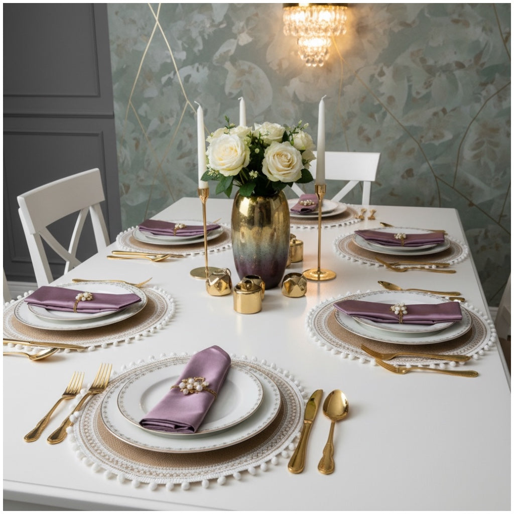 Luxury Boho Woven Round Placemat with Pom Edge – Khaki and White- Set of 4