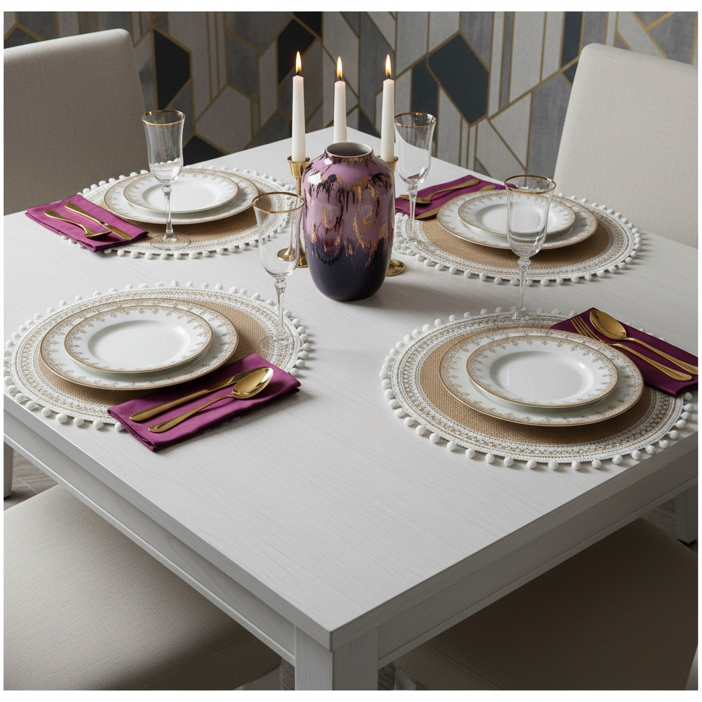 Luxury Boho Woven Round Placemat with Pom Edge – Khaki and White- Set of 4