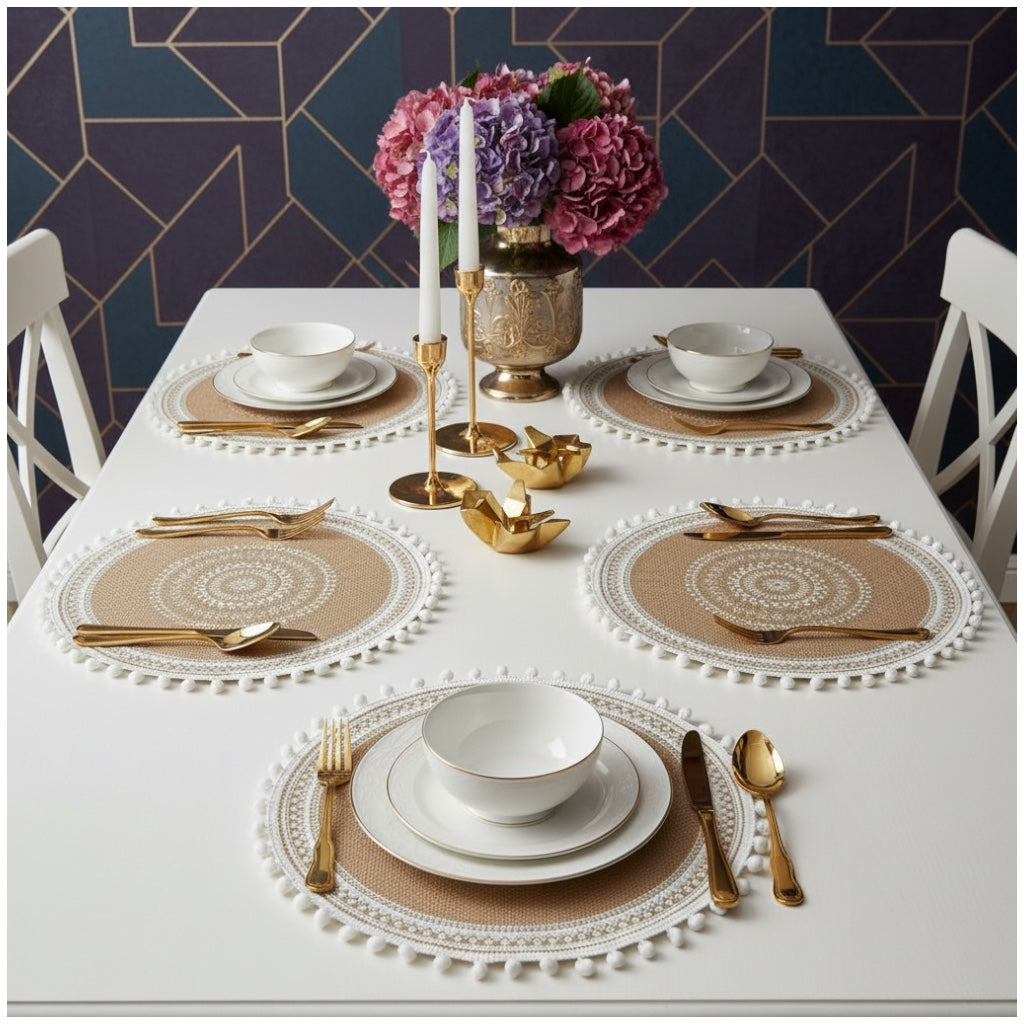 Luxury Boho Woven Round Placemat with Pom Edge – Khaki and White- Set of 4