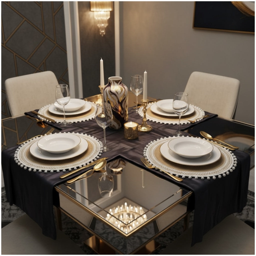 Luxury Boho Woven Round Placemat with Pom Edge – Khaki and White- Set of 4