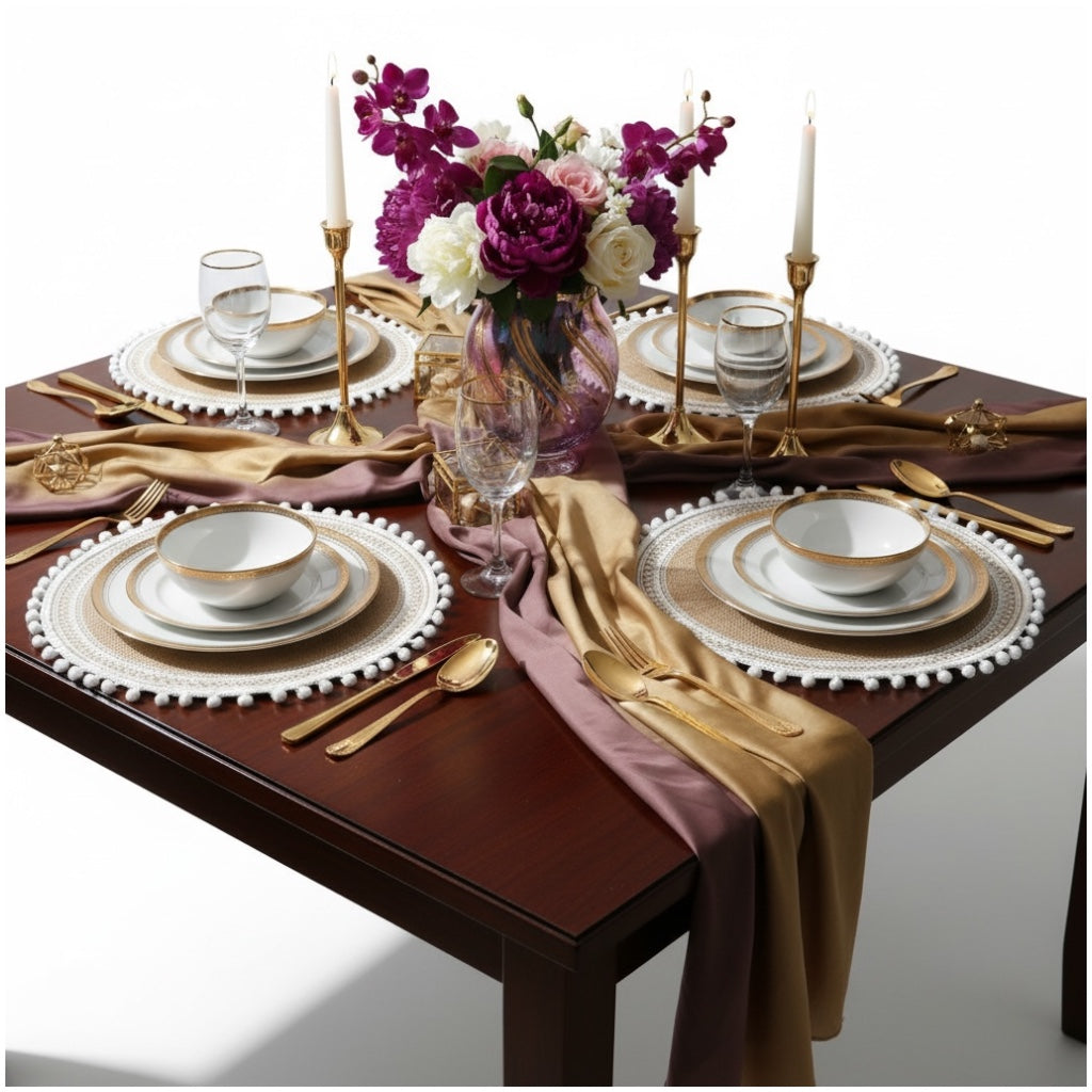 Luxury Boho Woven Round Placemat with Pom Edge – Khaki and White- Set of 4