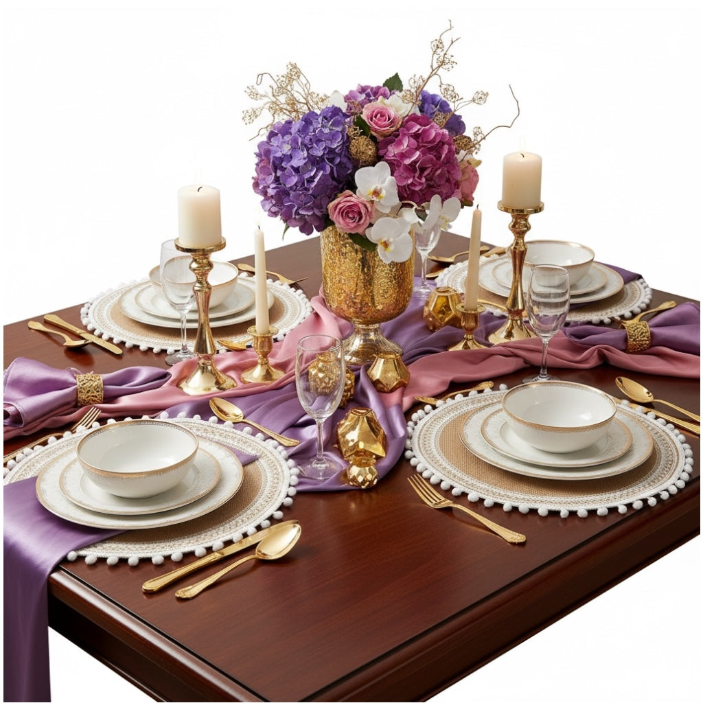 Luxury Boho Woven Round Placemat with Pom Edge – Khaki and White- Set of 4