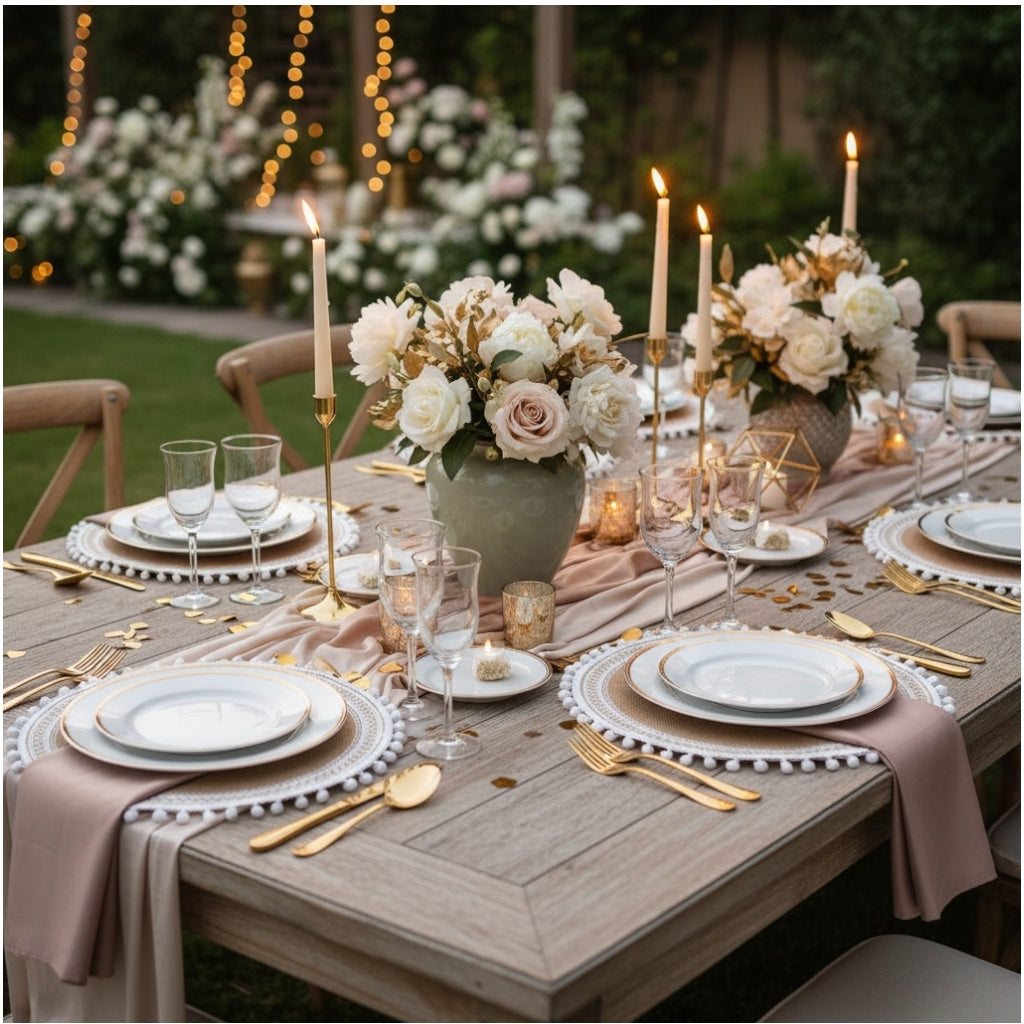 Luxury Boho Woven Round Placemat with Pom Edge – Khaki and White- Set of 4