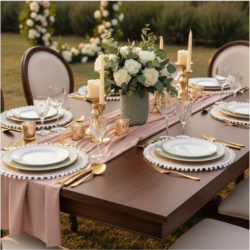 Luxury Boho Woven Round Placemat with Pom Edge – Khaki and White- Set of 4