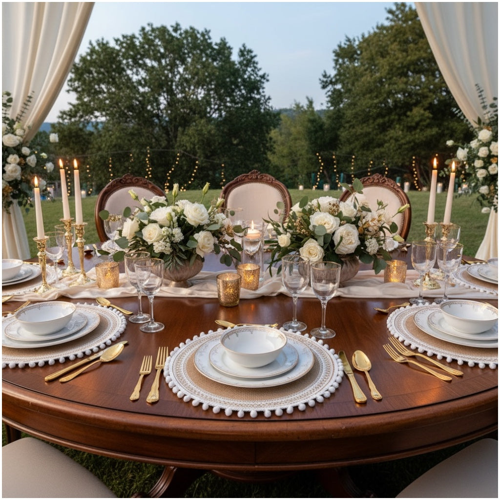 Luxury Boho Woven Round Placemat with Pom Edge – Khaki and White- Set of 4