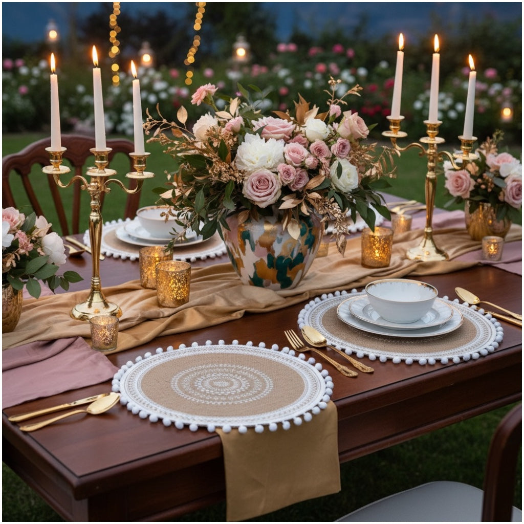 Luxury Boho Woven Round Placemat with Pom Edge – Khaki and White- Set of 4