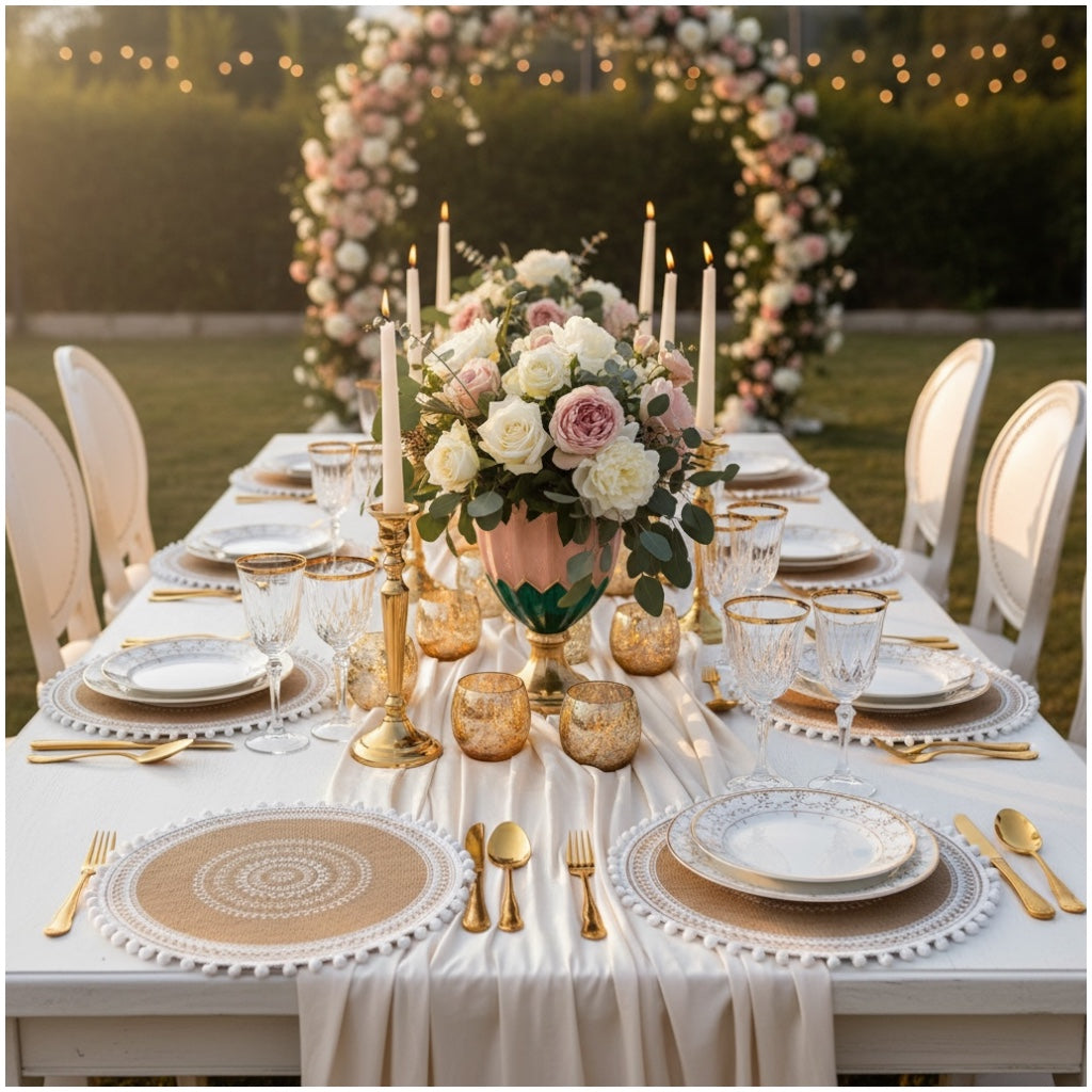 Luxury Boho Woven Round Placemat with Pom Edge – Khaki and White- Set of 4