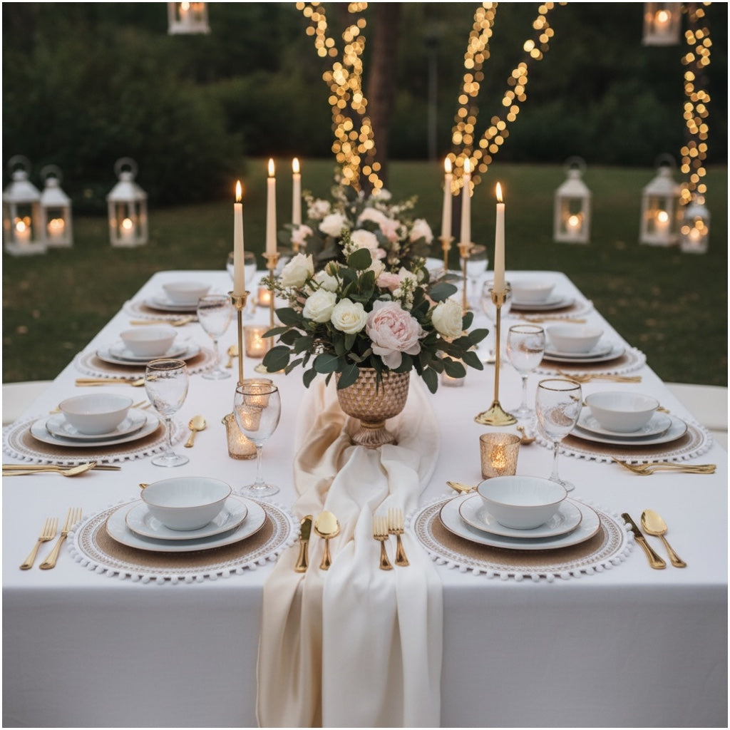 Luxury Boho Woven Round Placemat with Pom Edge – Khaki and White- Set of 4