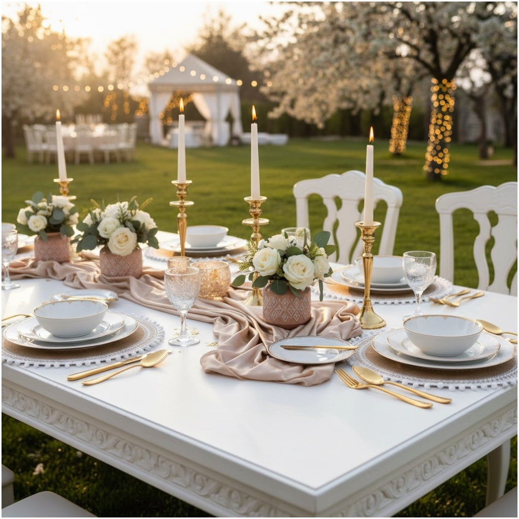 Luxury Boho Woven Round Placemat with Pom Edge – Khaki and White- Set of 4