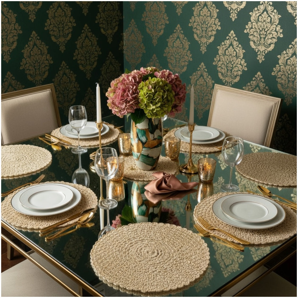 Elegant Woven Look Round Dining Placemats - Set of 4 – Cream