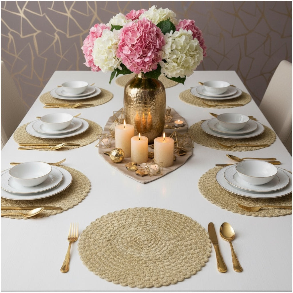 Elegant Woven Look Round Dining Placemats - Set of 4 – Cream