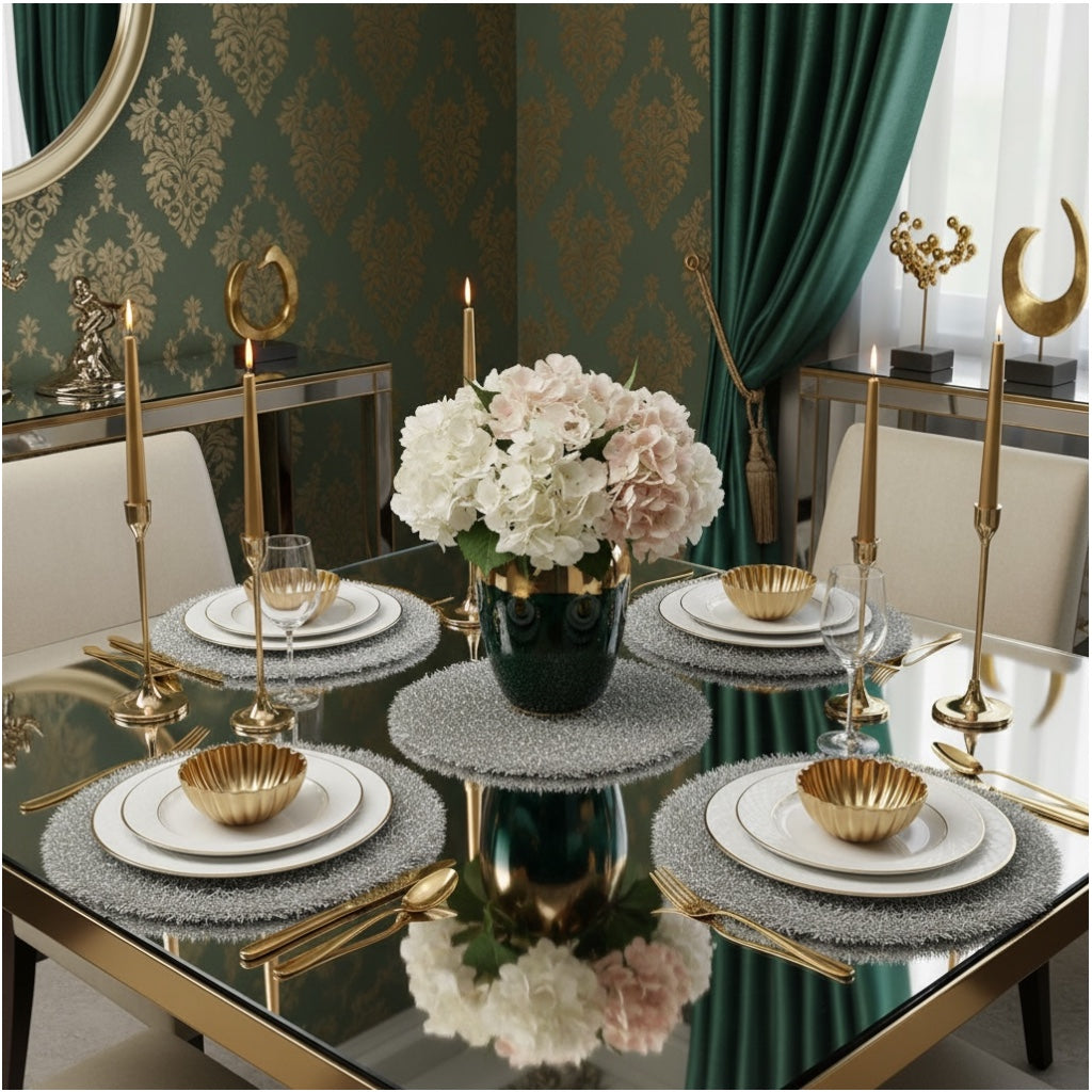 Luxury Silver Tinsel Round Placemats Set of 4 – Sparkling Silver (38 cm)