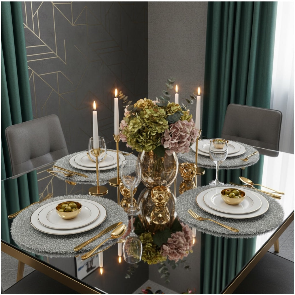Luxury Silver Tinsel Round Placemats Set of 4 – Sparkling Silver (38 cm)