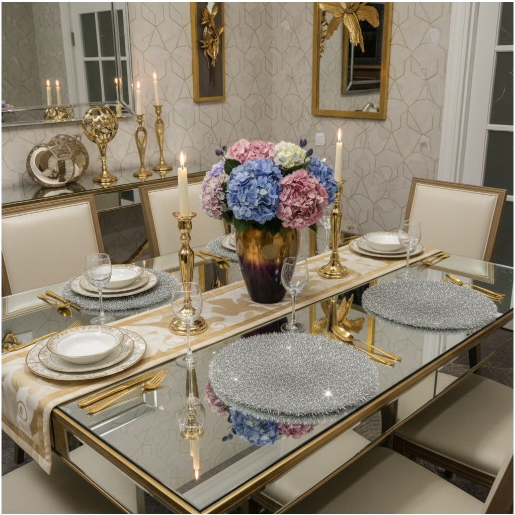 Luxury Silver Tinsel Round Placemats Set of 4 – Sparkling Silver (38 cm)