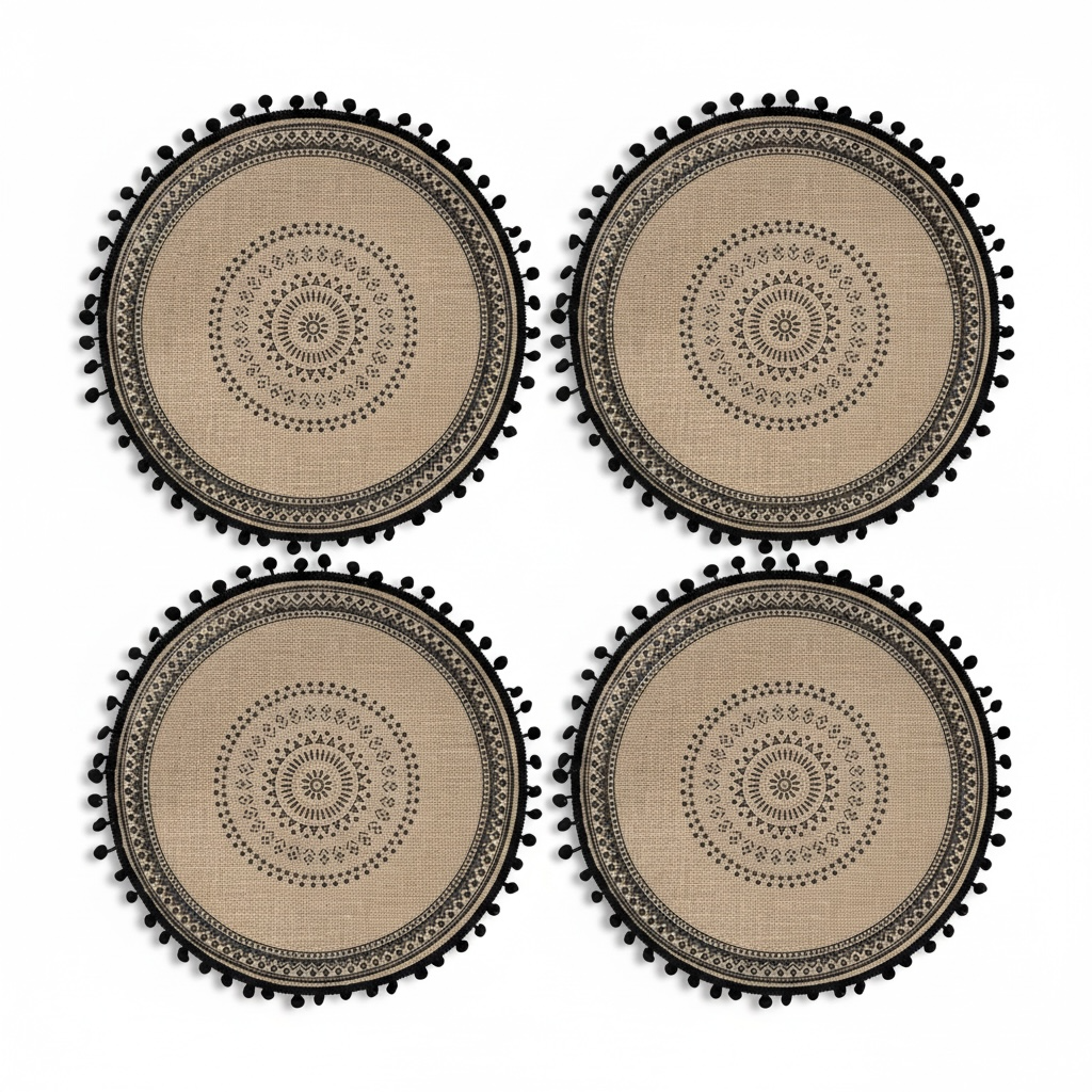 Elegant Woven Brown Round Placemats - Set of 4 with Black Trim - 37cm