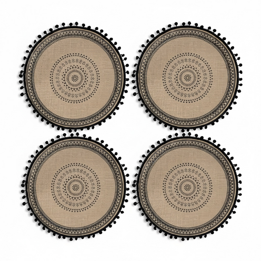 Elegant Woven Brown Round Placemats - Set of 4 with Black Trim - 37cm