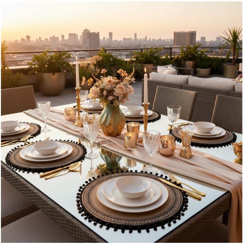 Elegant Woven Brown Round Placemats - Set of 4 with Black Trim - 37cm