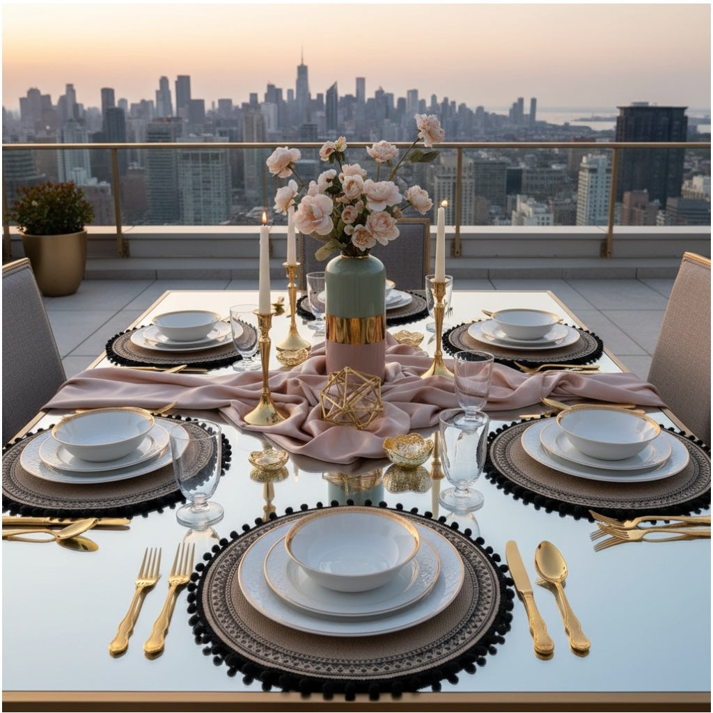 Elegant Woven Brown Round Placemats - Set of 4 with Black Trim - 37cm