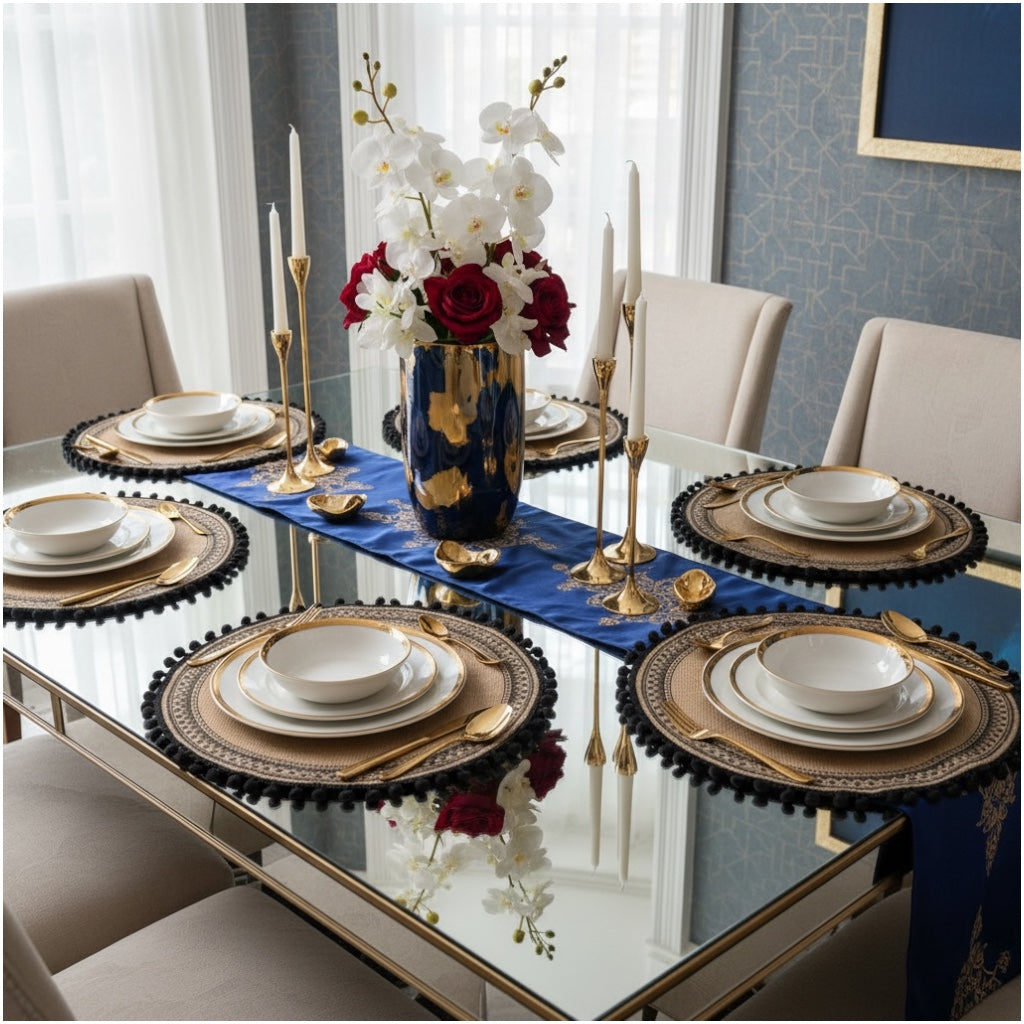 Elegant Woven Brown Round Placemats - Set of 4 with Black Trim - 37cm