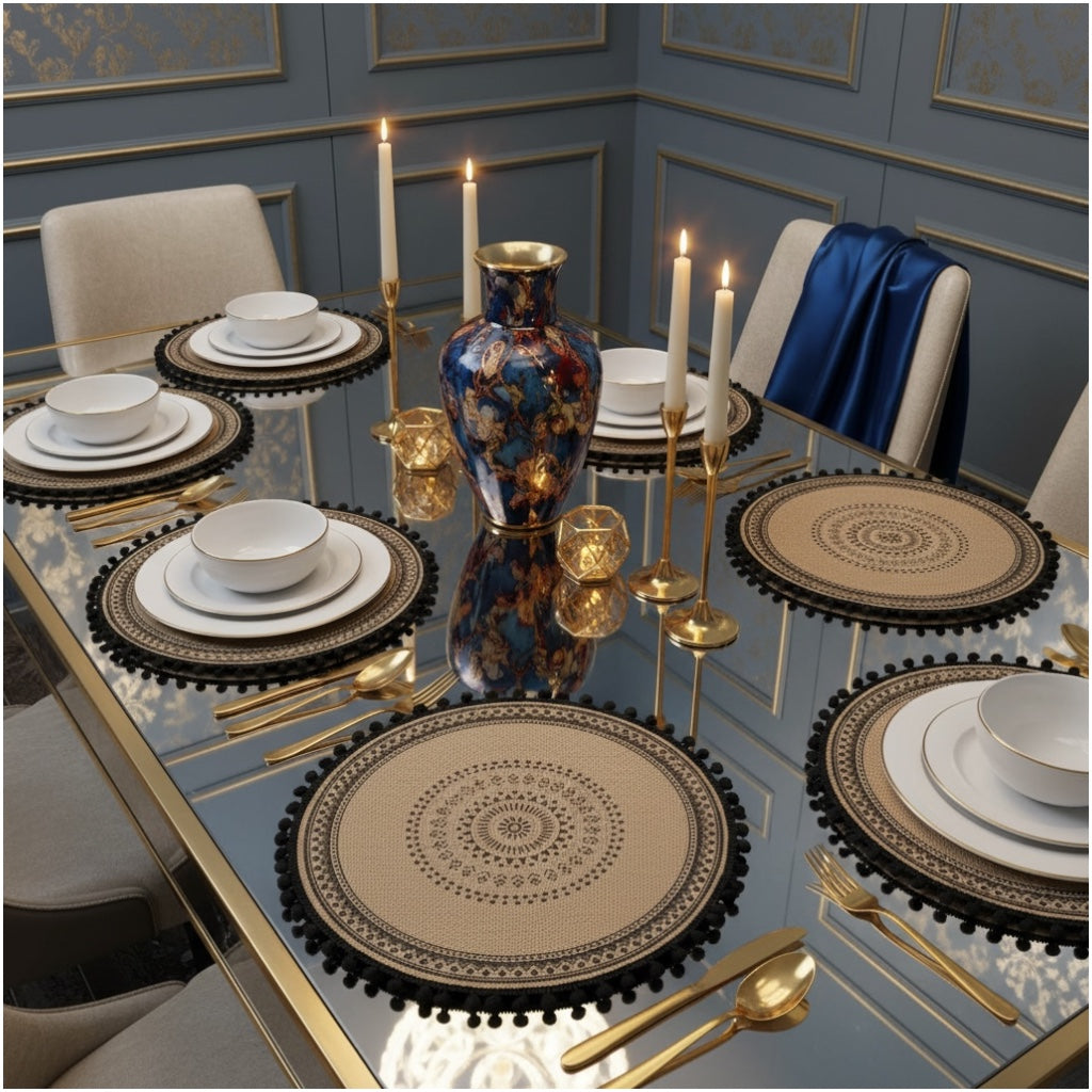 Elegant Woven Brown Round Placemats - Set of 4 with Black Trim - 37cm